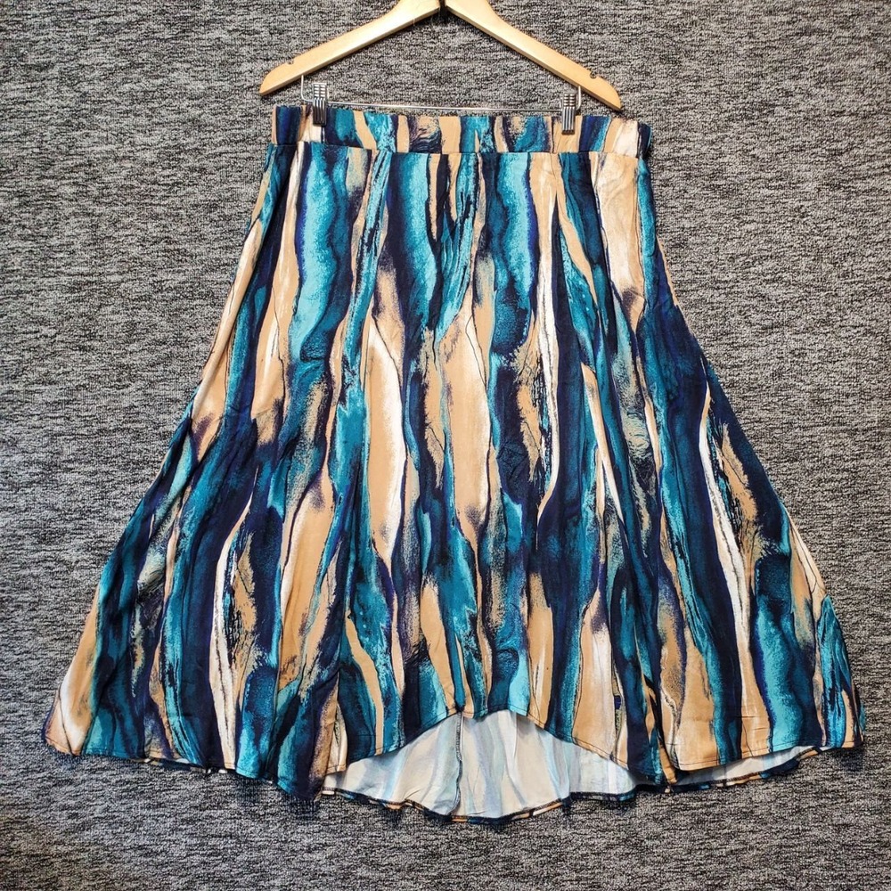 Creation L Abstract Wave Print High Low Maxi Skirt Women 16 Teal Tan‎ Blue